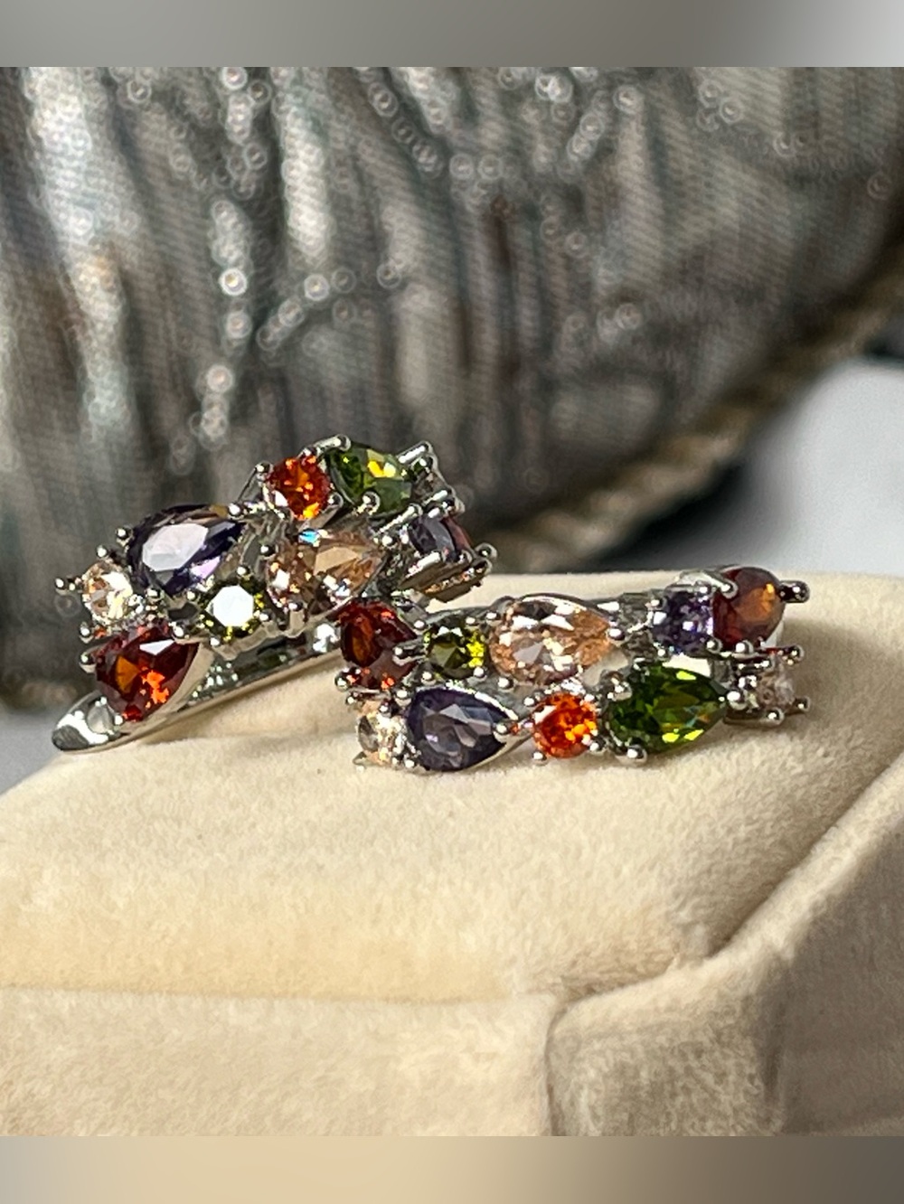 Multi-Colored Crystal Teardrop Hoop Earrings S925
